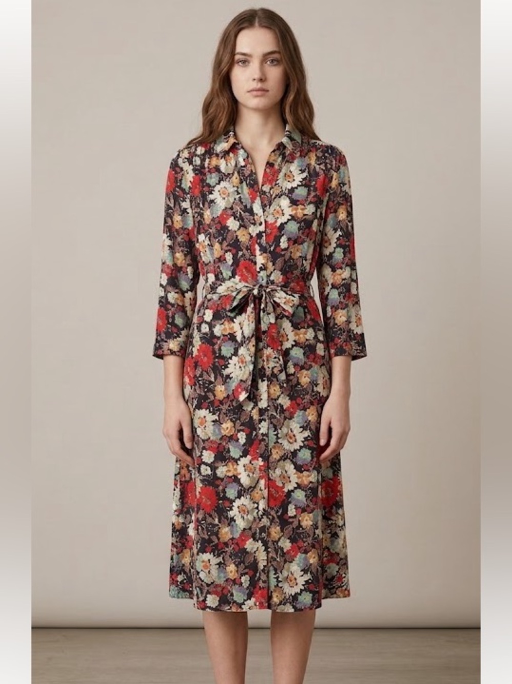 Vintage Floral Midi Shirt Dress